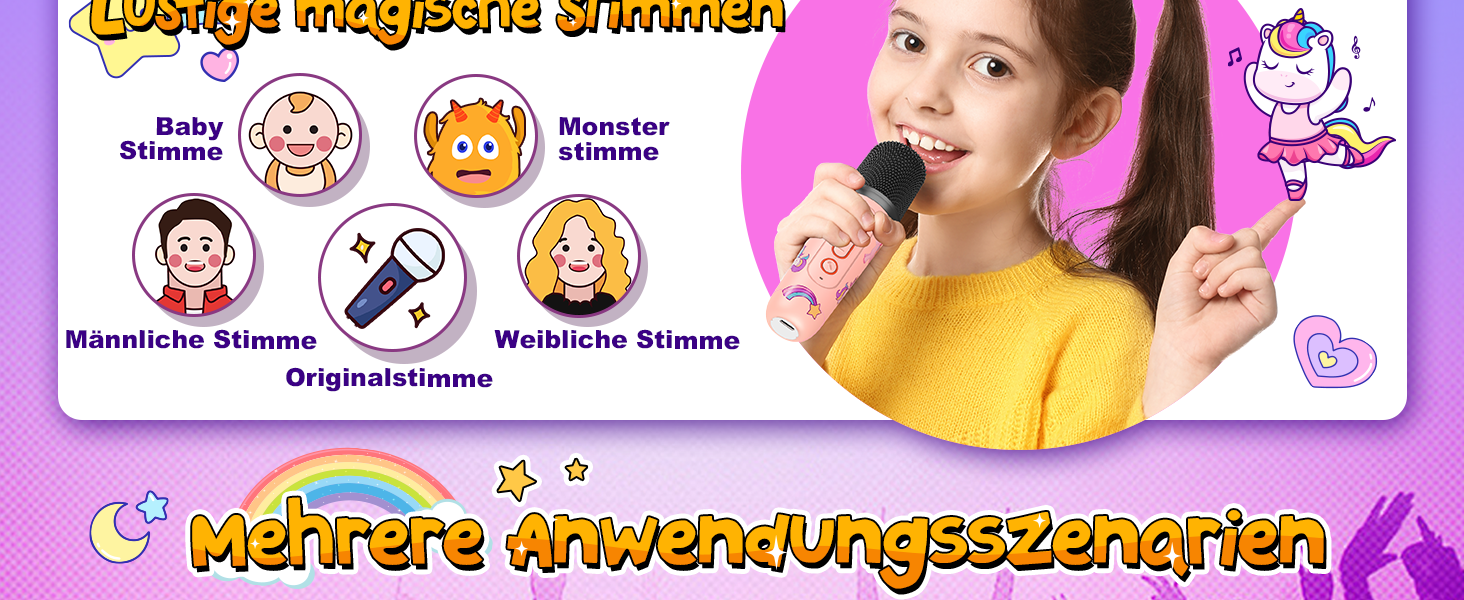 Караоке машина для дітей з 2 мікрофонами, рожева, єдиноріг, 3-12 років