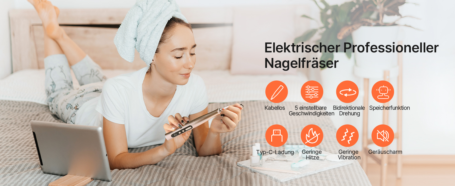 TOUCHBeauty Електрична пилка для нігтів: набір бездротовий, фрезер для манікюру та педикюру з LCD-дисплеєм, 5 швидкостей, тихий, пилозахисний, USB-зарядка (гель, акрил)