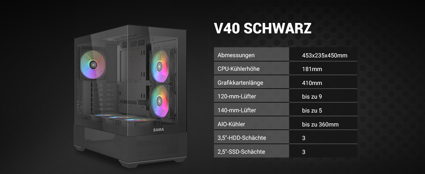 Корпус ПК SAMA V40 Mid-Tower ATX з 6 вентиляторами 120 мм ARGB, подвійні панелі з загартованого скла, чорний