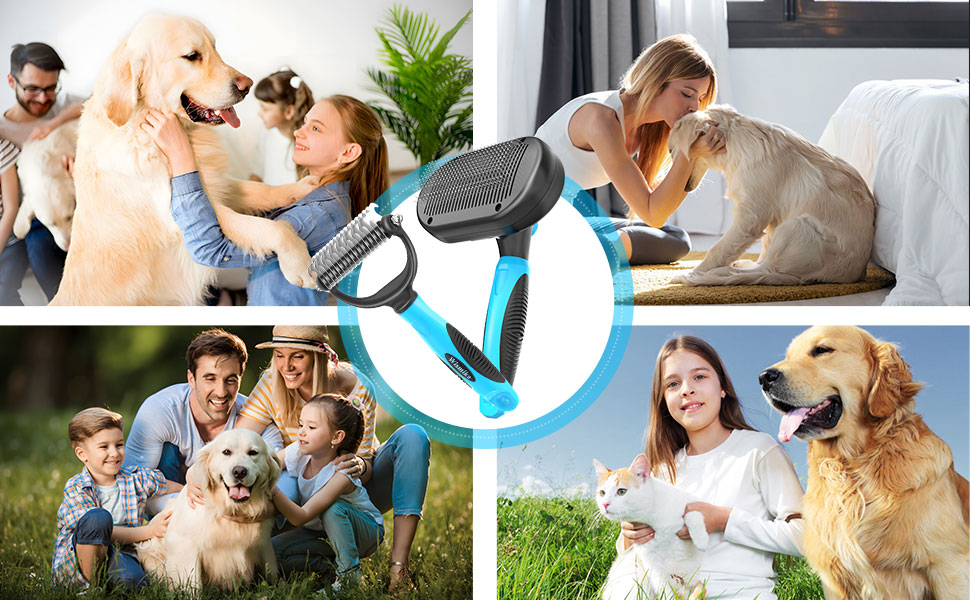 Двостороння щітка для грумінгу собак та котів 2-в-1, для видалення підшерстка, самоочисна (блакитна)