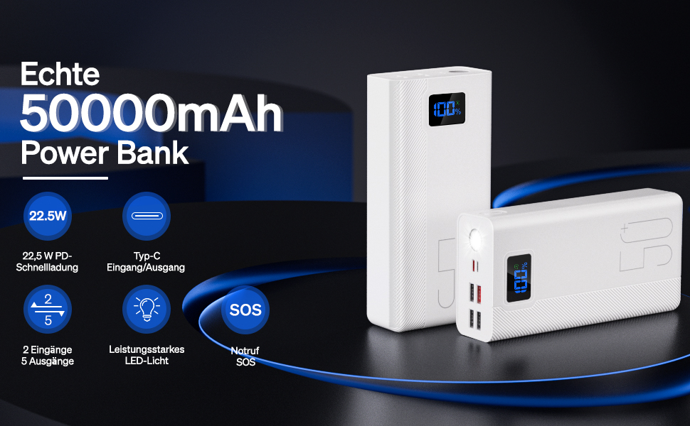 Портативний зарядний Power Bank 50000mAh з 5 виходами та 3 входами, 22.5W, для MP3-плеєрів