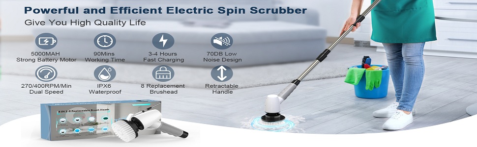 Електричний дрібний шкребок для чищення, щітка для дому, 400 об/хв, 8 змінних насадок, 90 хвилин роботи, 3 регульовані розміри, 2 регульовані швидкості для ванної кімнати Pro