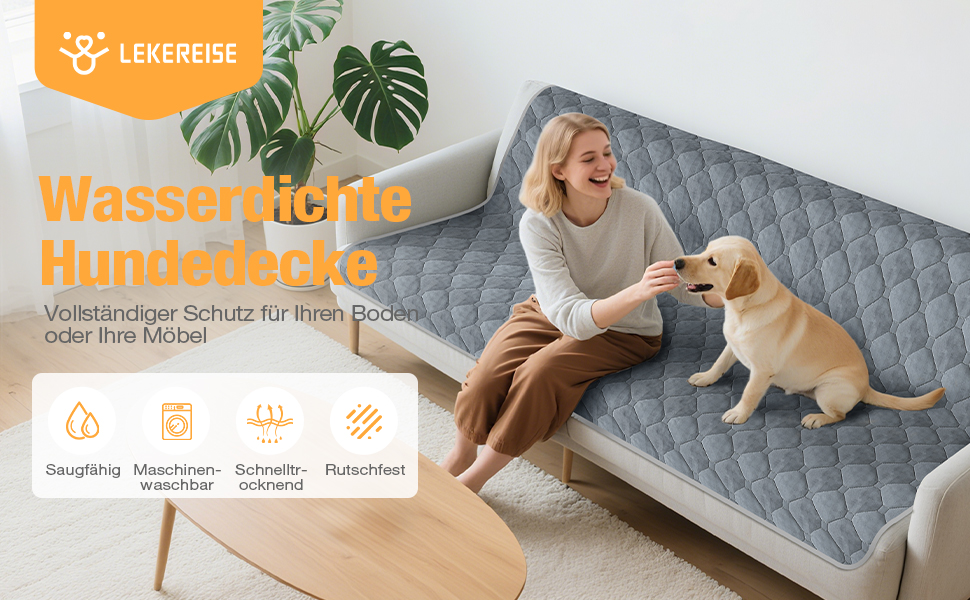 Водонепроникний килимок для собак Lekereise 137x208 см – 100% поглинаючий, не пропускає витоки, м'який, з антиковзаючим покриттям. Захист для дивану, ліжка та авто. Практичний килимок для собак та котів (Сірий)