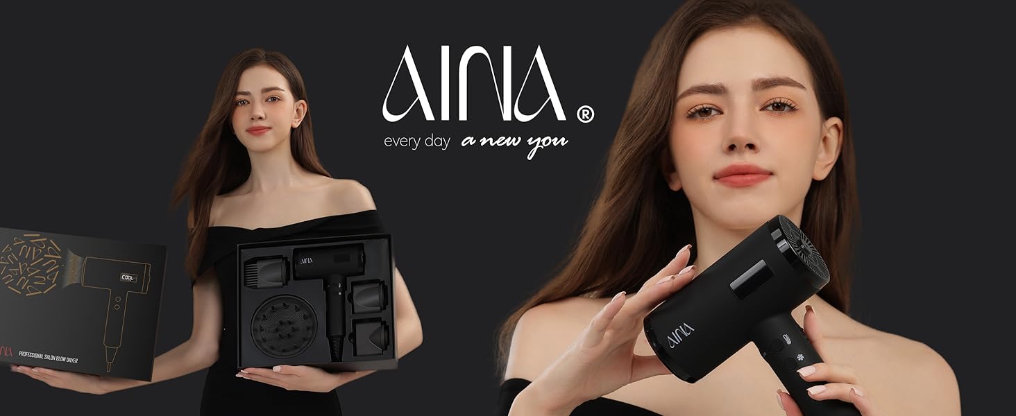 Професійний фен для волосся AINA 2300W з дифузором, іонізацією та LED-дисплеєм, 4 насадки (чорний)