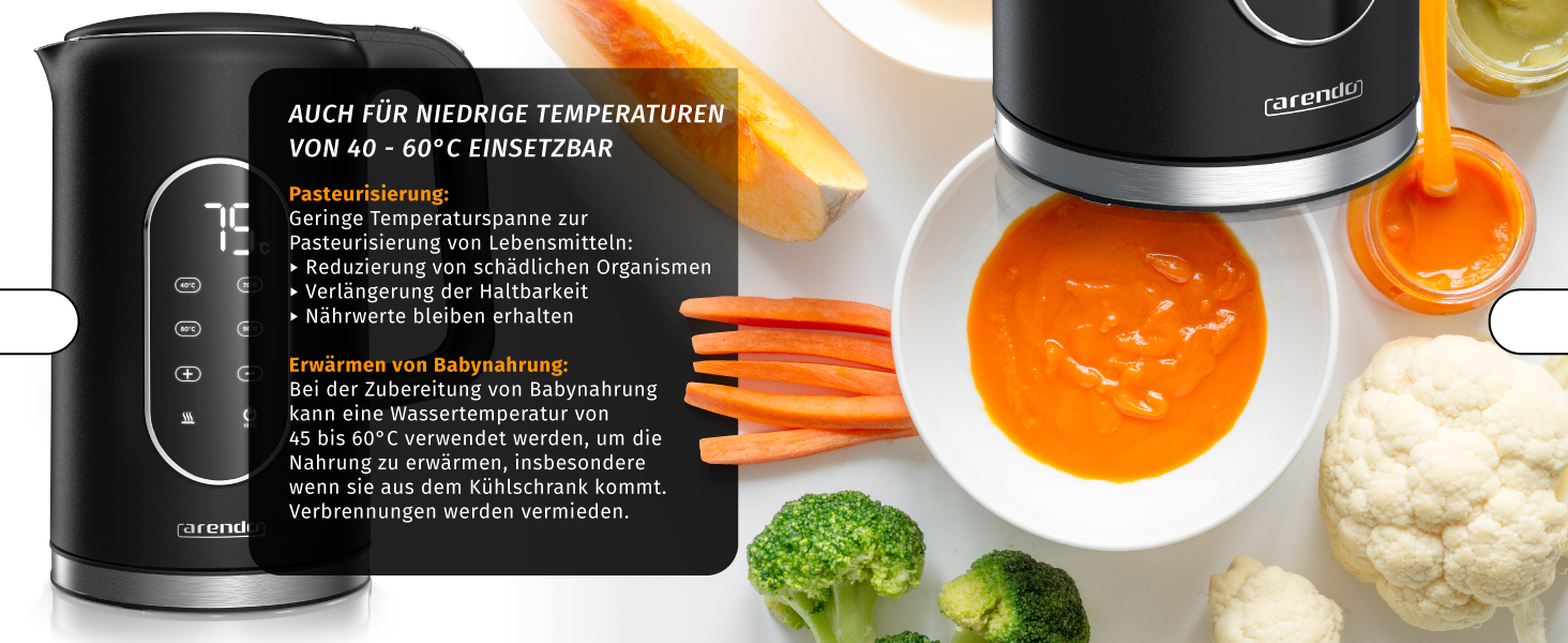 Електричний чайник Arendo з регулюванням температури, нержавіюча сталь, подвійні стінки Cool Touch, дисплей, бездротовий, 2200 Вт, 1.7л, захист від перегріву, функція підтримання тепла, чорний