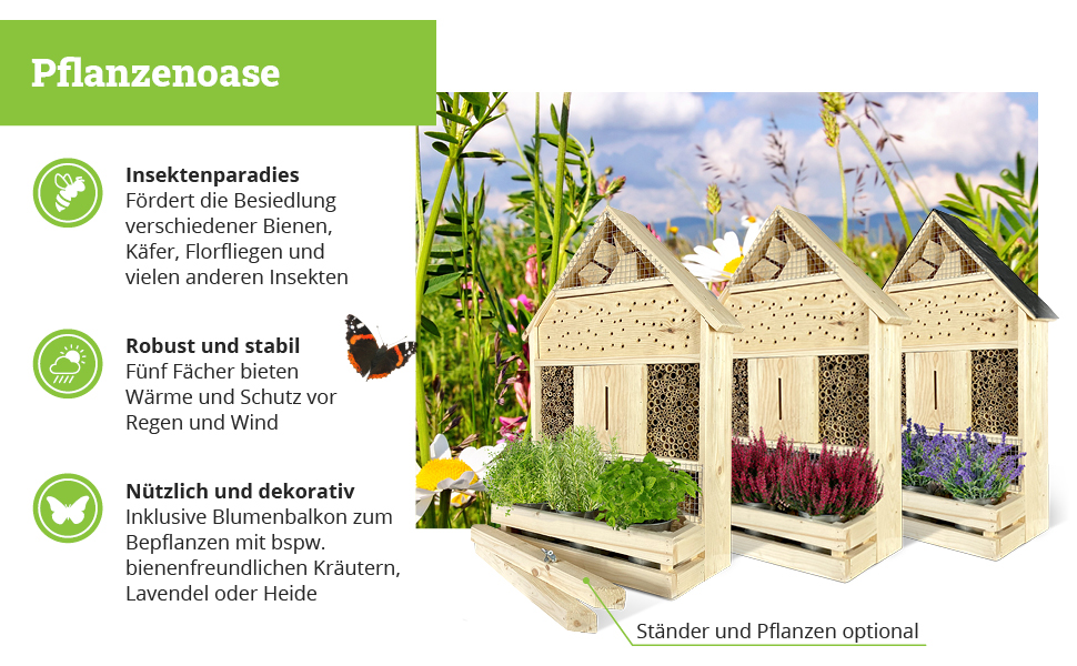 Інсектотель GARTENETAGE XXL – масивний будиночок для комах та бджіл, натуральне дерево, готель для комах з опорами, будиночок для сонечок і метеликів, допомога у гніздуванні та захист видів