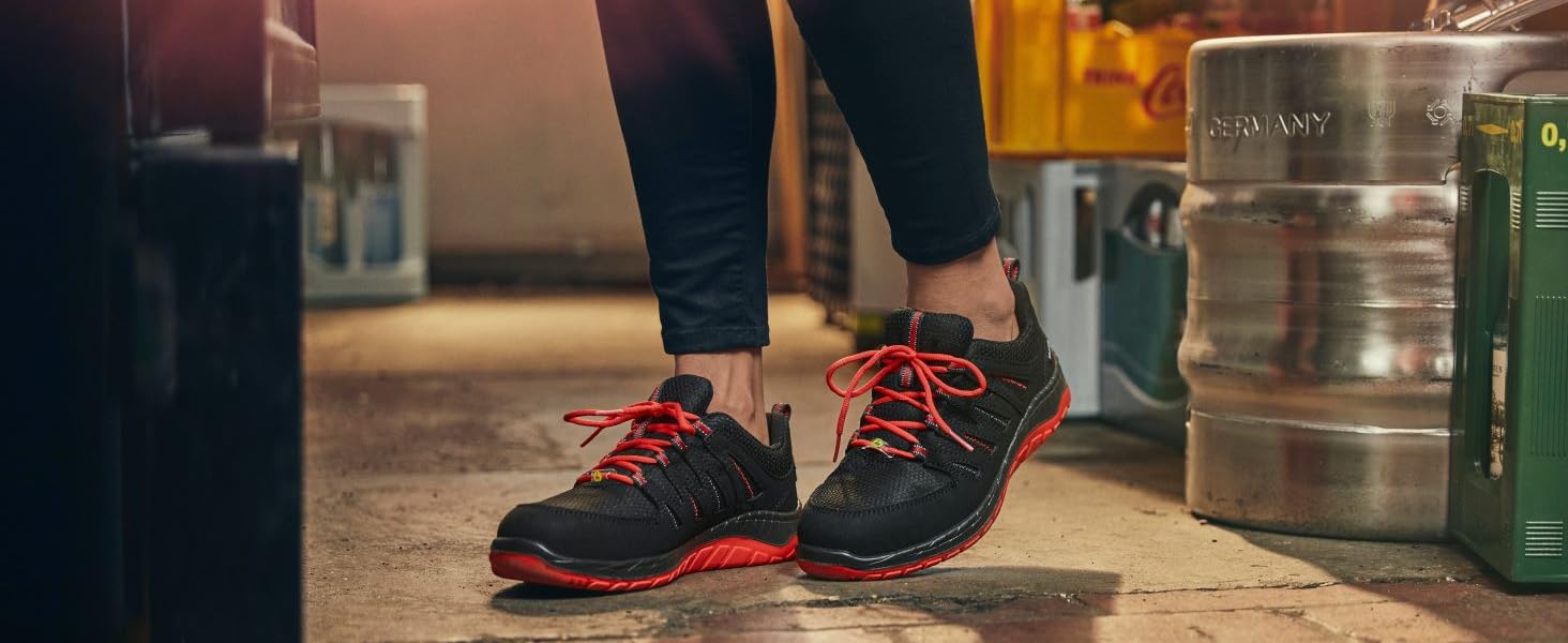 Робочі черевики ELTEN Maddox Black-red Low ESD S3S, чорно-червоні, текстиль, сталевий капок, легкі, спортивні, 46 EU (для жінок та чоловіків)