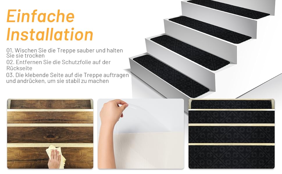 COSTWAY 15-Piece Stair Treads - Non-Slip, Waterproof, Self-Adhesive Carpet for Wood Stairs - Grey (76x20cm)