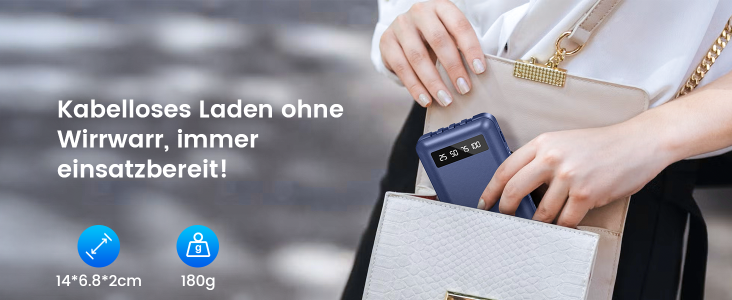 Powerbank 26800mAh з 4 вбудованими кабелями, 22.5W, LED дисплеєм та підставкою, блакитний. Сумісний з iPhone, iPad, Samsung Galaxy.