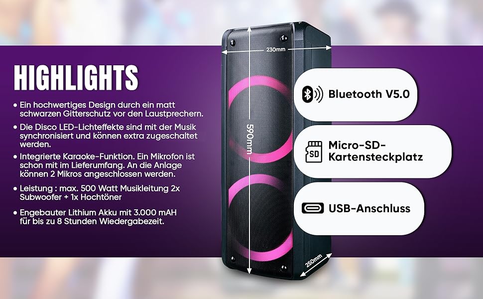 Портативна Bluetooth-колонка Reflexion PS09BT - 500W, Караоке, DJ, LED-підсвітка, Радіо, Мікрофон, Чорний