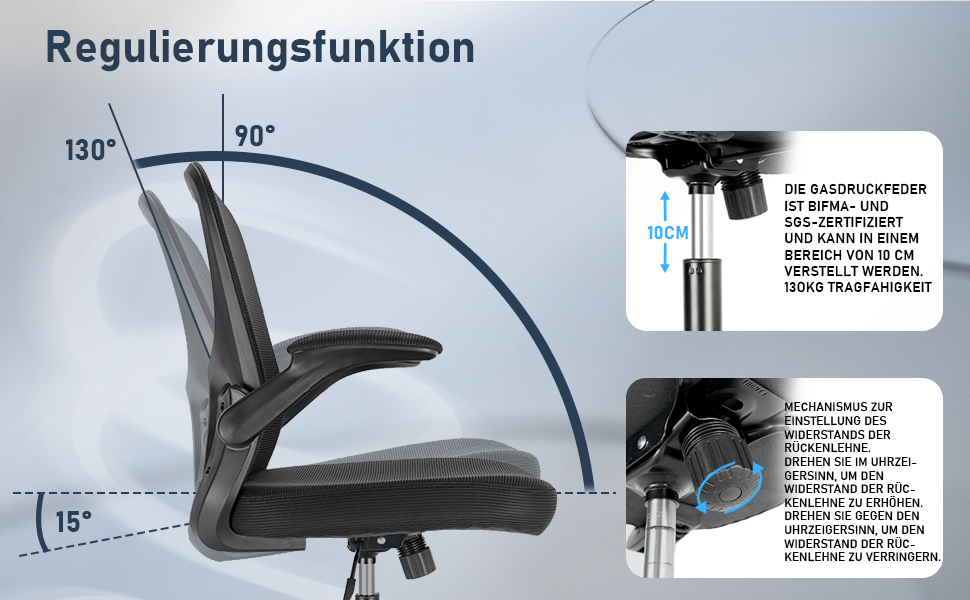 Ергономічне крісло для офісу та робочого столу з підйомними підлокітниками, регульованою підтримкою попереку, регульованою висотою поворотного сидіння та спинкою з сіткою, що нахиляється до 130°, чорне