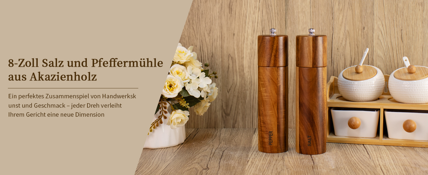 Набір з 2 дерев'яних мельниць для солі та перцю, ручні, 20 см, з регульованим керамічним жорном, для солі та перцю, у подарунковій коробці