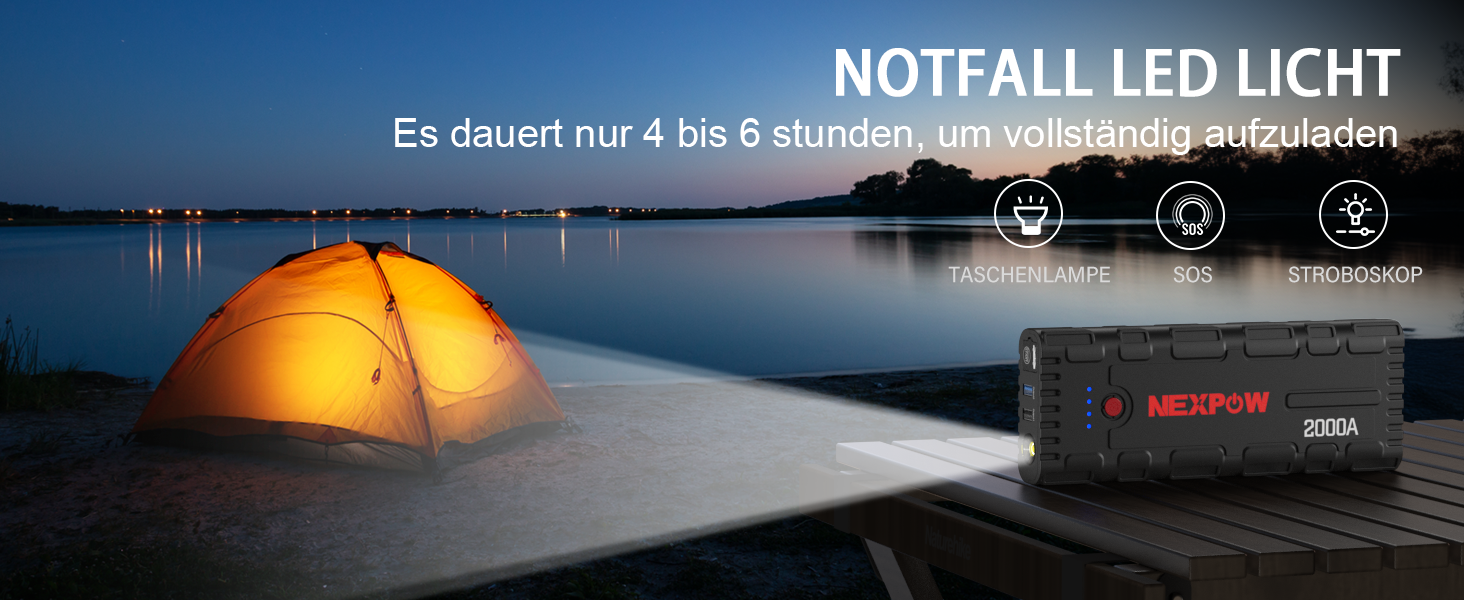 Powerbank NEXPOW Starthilfe: портативний пусковий пристрій для автомобіля 2000A, 12V, USB-швидка зарядка 3.0 (до 7.0L бензин/6.5L дизель), LED-ліхтар, чорний