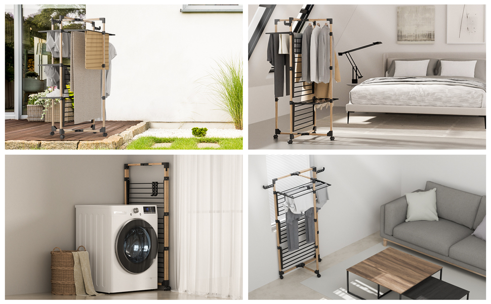 Сушарка для білизни VOUNOT вежа 3-ярусна, складана, на колесах, біла (чорна) - 25м, імітація дерева