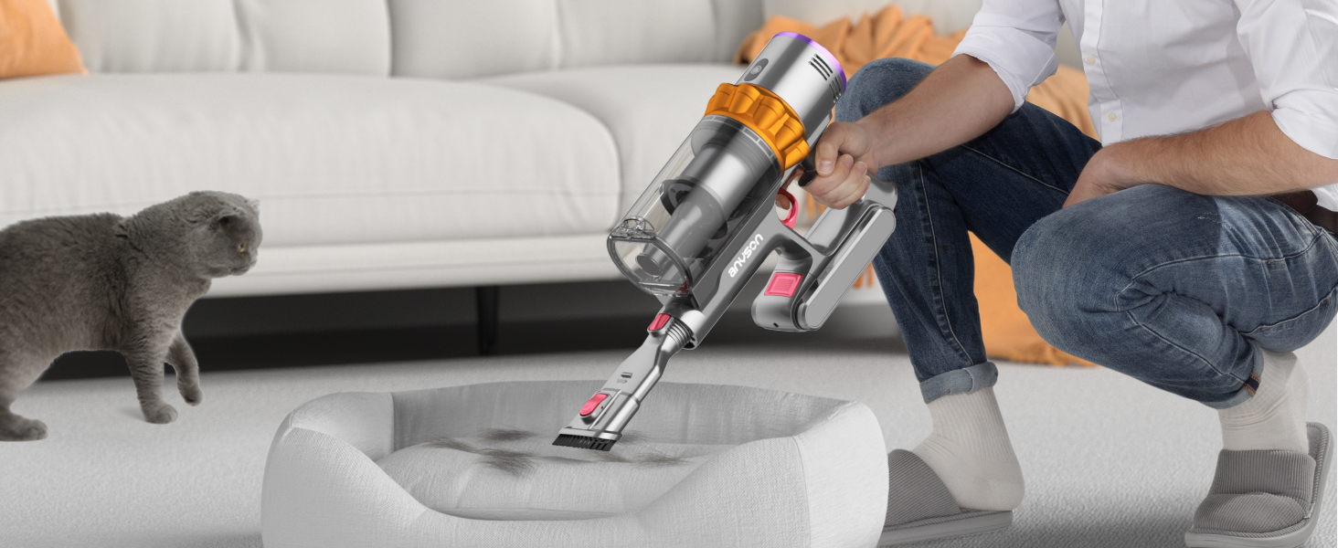 Бездротовий пилосос Anyson 45000Pa потужністю 550W з акумулятором 70Min, об'єм 1.6L, тихий, з LED-дисплеєм та антизаплутувальною насадкою, для твердих поверхонь, килимів та шерсті тварин