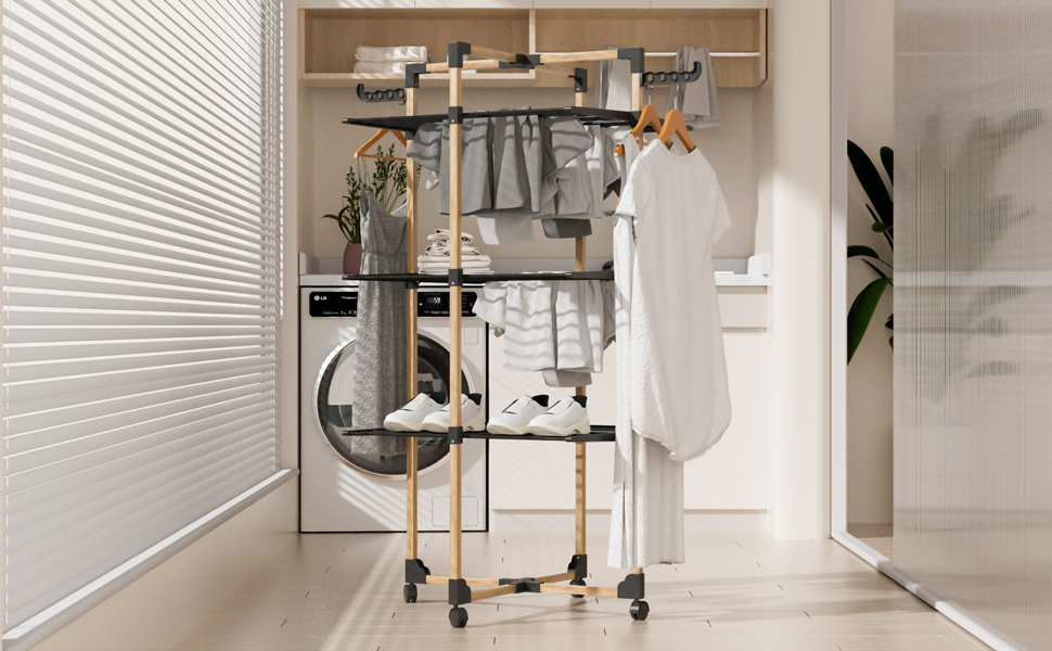 Сушарка для білизни VOUNOT вежа 3-ярусна, складана, на колесах, біла (чорна) - 25м, імітація дерева