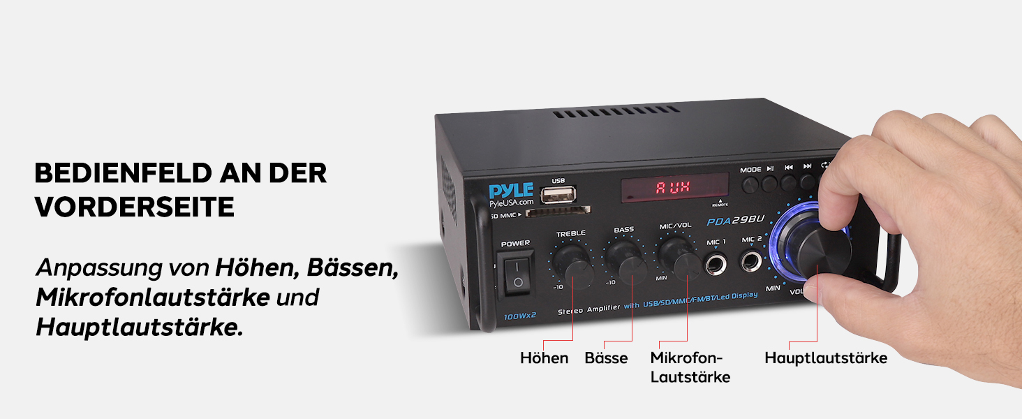 Pyle підсилювач 200Вт, стерео Bluetooth, 2-канальний, RCA, USB, SD, MIC, FM-радіо, регулювання басу та високих, для дому, авто, студії, домашнього кінотеатру
