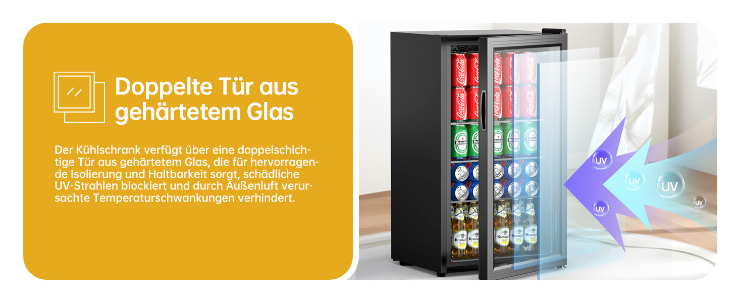 Міні-холодильник для напоїв WIE з подвійними скляними дверцятами, регульованими полицями, 86 літрів, 120 банок, для соди/пива, для дому/кухні/бару/офісу