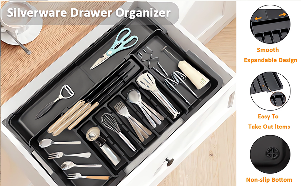 Органайзер для столових приборів ZHUlYIWIN в шухляду, розсувний, з тримачами для ножів (сірий)