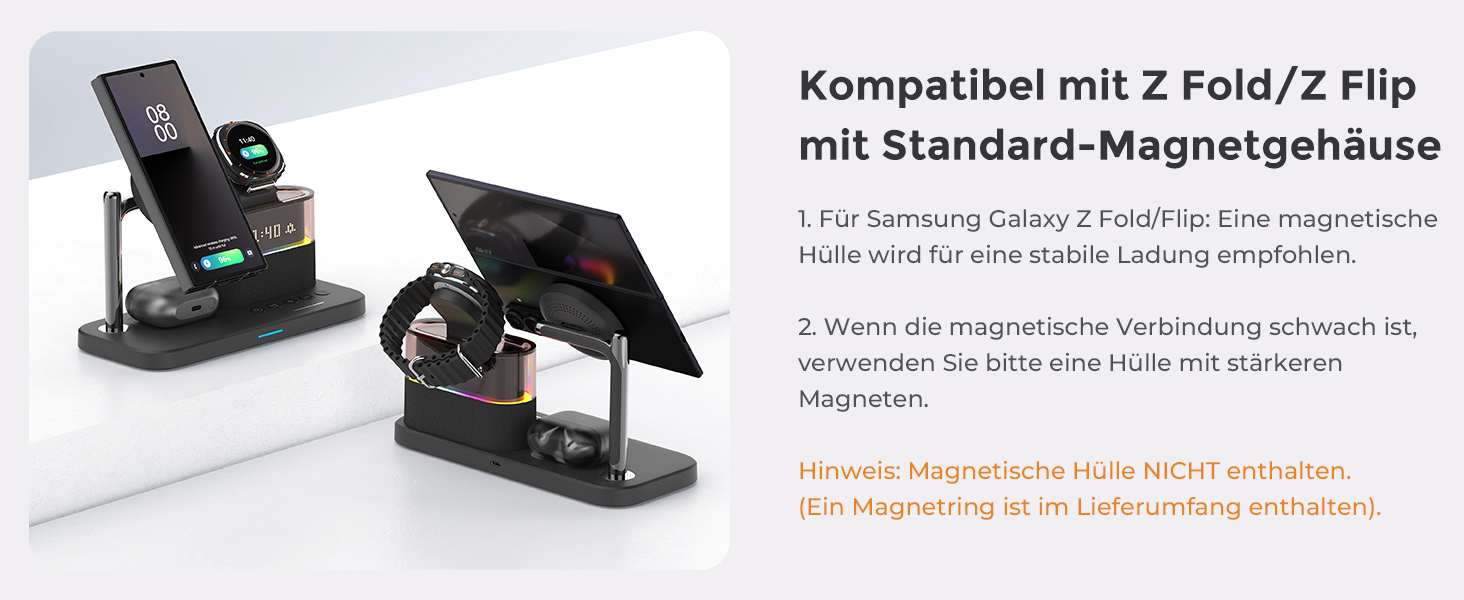 Бездротова зарядна станція 3 в 1 для Samsung Galaxy S25/S24/S23/S22 з магнітним кільцем, швидкий зарядний пристрій з будильником та нічним світлом, адаптер QC 3.0 у комплекті (Чорний)