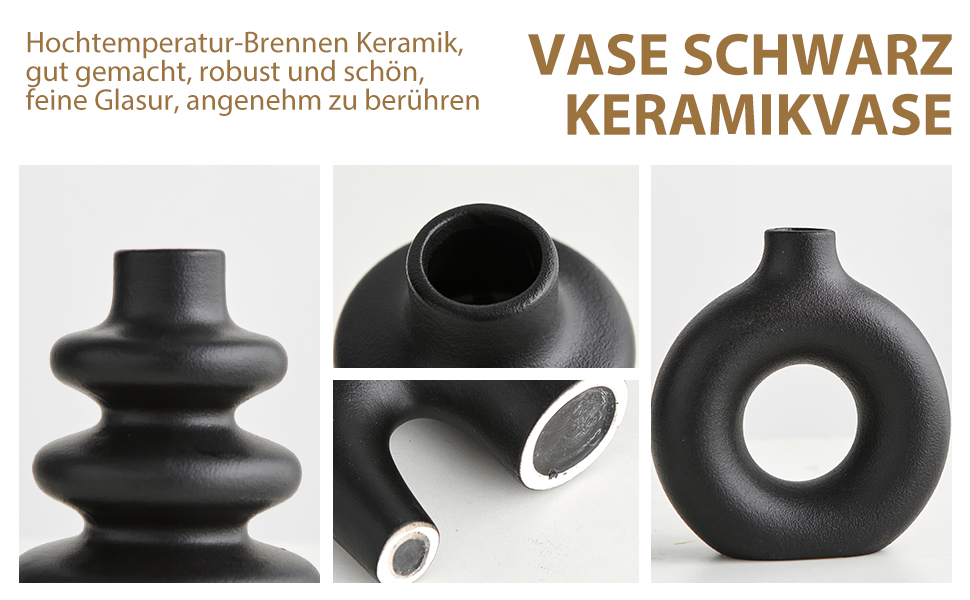 Set of 3 Black Ceramic Vases - Small Pampas Grass Decor, Modern Flower Vases for Home, Wedding & Living Room Centerpieces