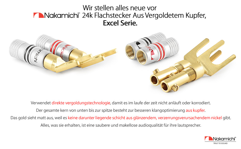 Позолочені бананові роз'єми Nakamichi 24K для акустичних кабелів 12-18 AWG, 4 мм для підсилювачів, Hi-Fi ресиверів та домашніх кінотеатрів, 4 шт (2 пари)