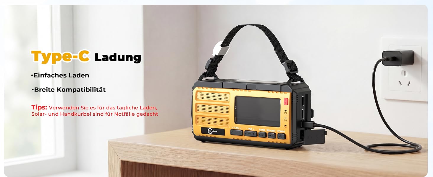 Радіоприймач Esky Kurbelradio з сонячною батареєю, 10000mAh, AM/FM, USB-зарядка, LED-ліхтарик, SOS-сигнал, компас, для кемпінгу та надзвичайних ситуацій, жовтий