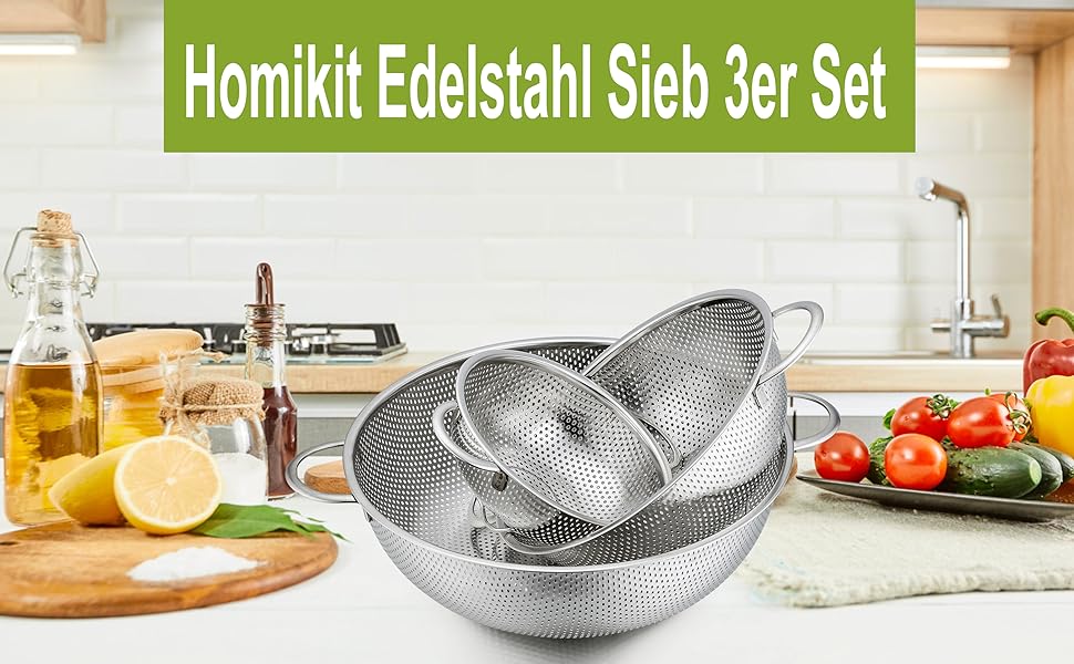 Ніж Sieb Homikit, нержавіюча сталь, сито для макаронів з ручками, мікроперфороване Ø, сито для стікання/миття/проціджування/миття, нержавіюче, здорове та придатне для миття в посудомийній машині (3, 28+22+16 см)