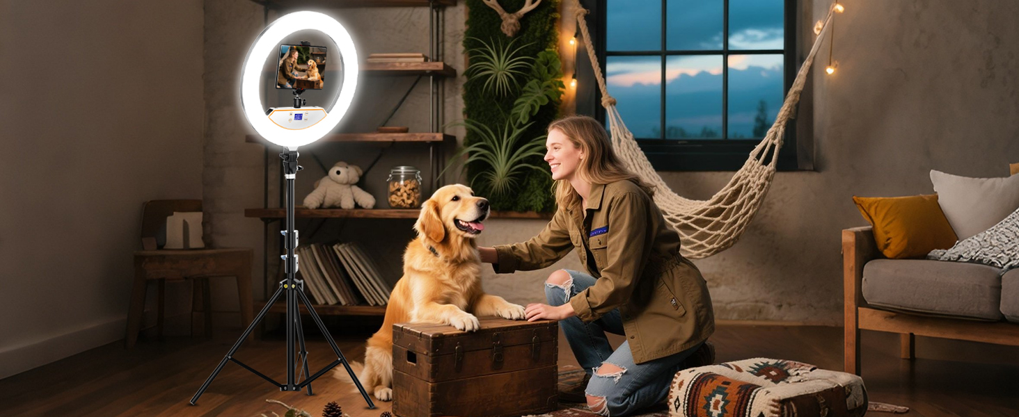 Кільцеве світло 22 дюйма з штативом 175 см, LED дисплей, 2 USB порти, регульована яскравість, для фото та відео, TikTok, макіяж, тату, б'юті-блогер, стиліст, барбер, фотограф, чорний