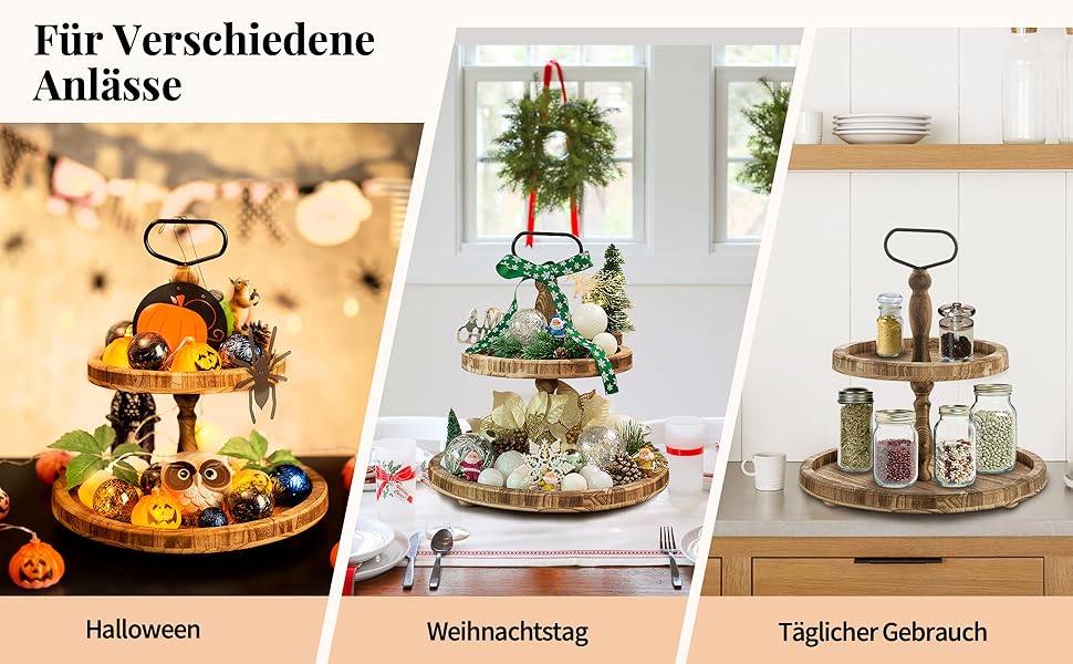 Двоярусна підставка для тортів NUPTIO з дерева, дерев'яна підставка для чаювання, рустикальна підставка для тортів у стилі ферми, солодкий стійкий стійка з металевою ручкою для весілля, дня народження, Різдва, Хелловіна, вечірки, світло-коричнева