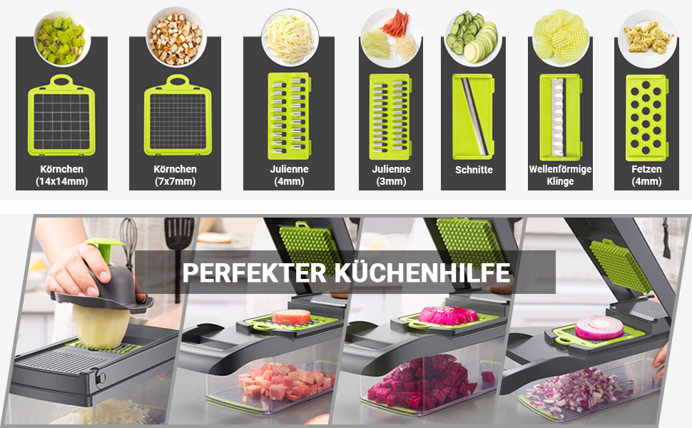 Мандоліна для нарізки овочів ADOV 12-в-1: мультифункціональний овочевий слайсер з захистом рук, з регульованою нержавіючою сталлю, для нарізки цибулі, джулієну та подрібнення картоплі, сиру, фруктів – сірий