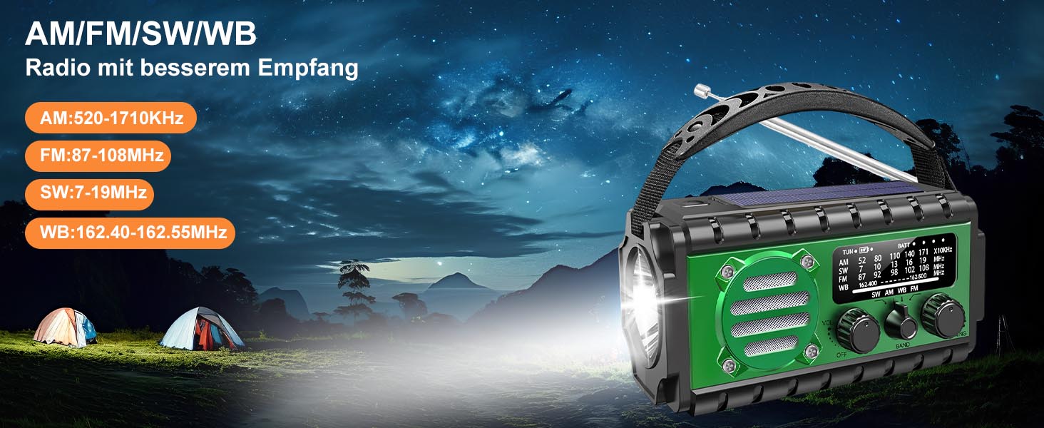 Сонячне радіо Kurbelradio з Powerbank 20000 mAh, AM/FM/SW/WB, Радіо погоди, 4 джерела живлення, ліхтарик, USB-C зарядний пристрій, SOS-сигнал, водонепроникність IPX6 для відпочинку на природі, кемпінгу, будівельних майданчиків (зелене)