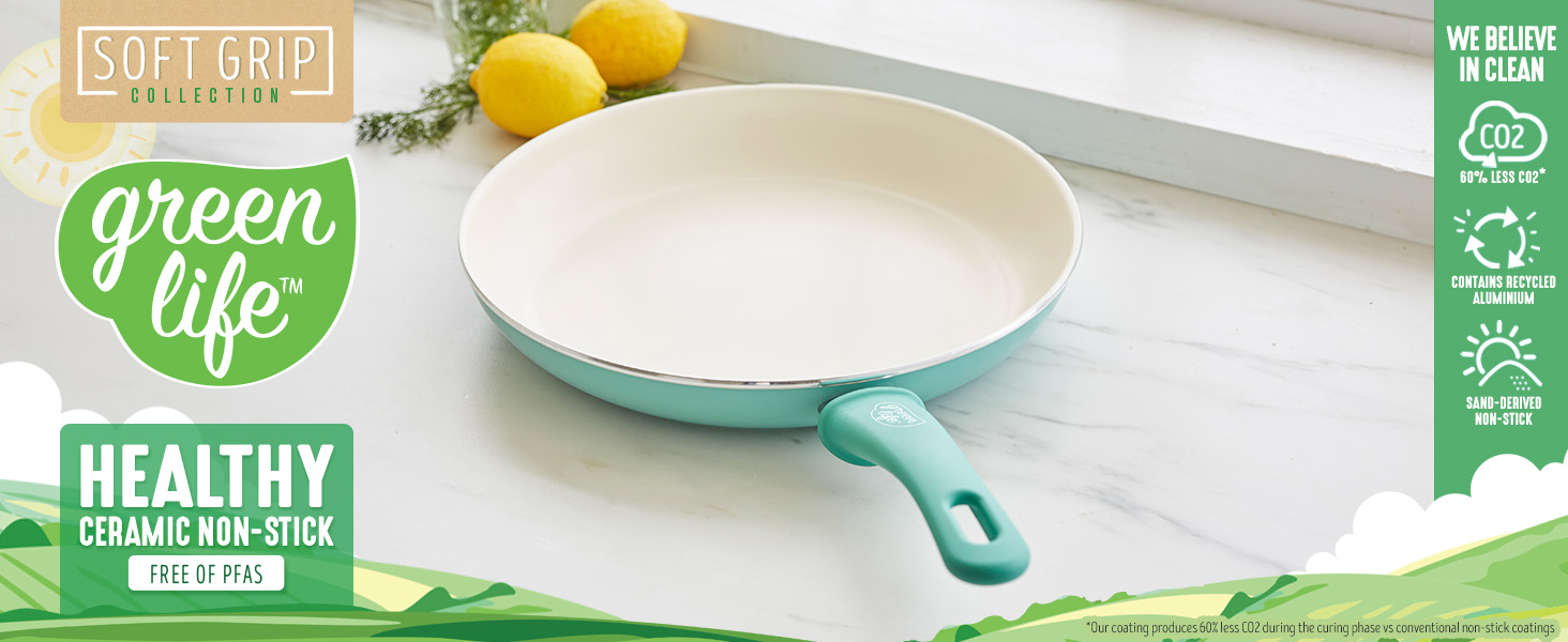 Набір керамічних сковорідок GreenLife Soft Grip 18 см та 26 см, антипригарне покриття, PFAS-вільні, підходять для посудомийки та духовки, бірюзові