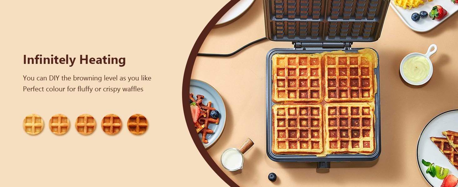 Вафельниця VINATO для приготування 4 бельгійських вафель, 1200 Вт, антипригарне покриття, регулювання температури, чорний колір