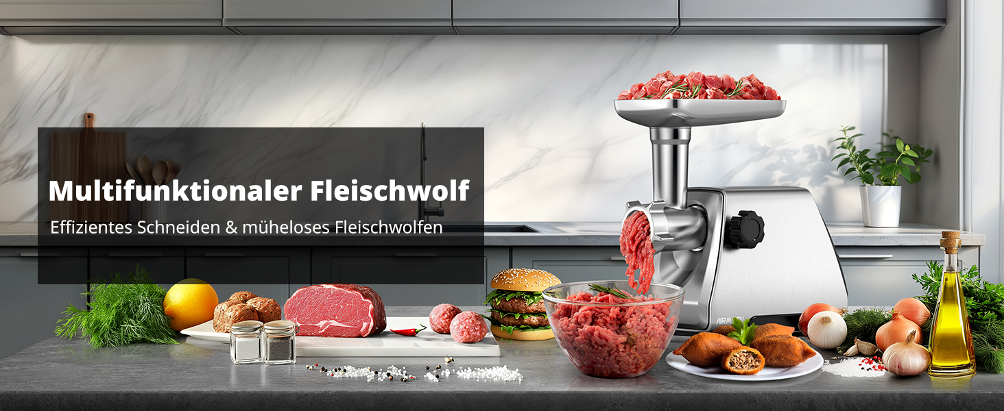 М'ясорубка електрична AIRMSEN з насадкою для ковбас, 2 сталеві ножі, 3 диски, насадка Kubbe, потужний мотор, нержавіюча сталь