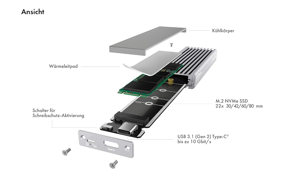 Зовнішній корпус для M.2 PCIe SSD ICY BOX IB-1817M-C31, USB 3.1 Type-C, алюміній, сріблястий
