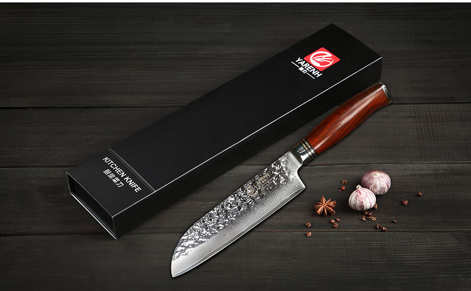 Кухонний ніж Santoku YARENH 18 см з дамаської сталі 73 шари, гострий, дерев'яна ручка, серія HTT