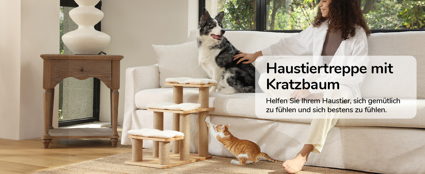 Сходинки для собак FUKUMARU, 3 сходинки, для домашніх тварин, з натурального гумового дерева та джуту, регульована висота 18-51 см, витримує до 90 кг, знімний м'який килимок, 6 варіантів комбінації, білий килимок