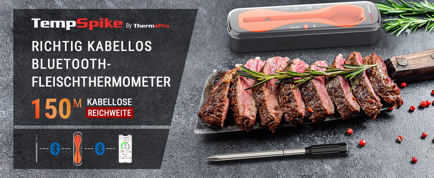 Бездротовий термометр для м'яса ThermoPro TempSpike 150м Bluetooth, IP67, для гриля, духовки, коптильні, аерофритюрниці, безпечний для посудомийки