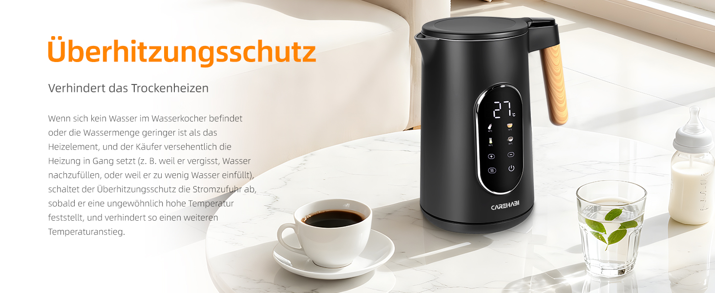 Електричний чайник Carehabi з регулюванням температури, 1.7 л, нержавіюча сталь, чорний, 40°C-100°C, 2200W, LED дисплей, подвійні стінки, функція підтримки тепла