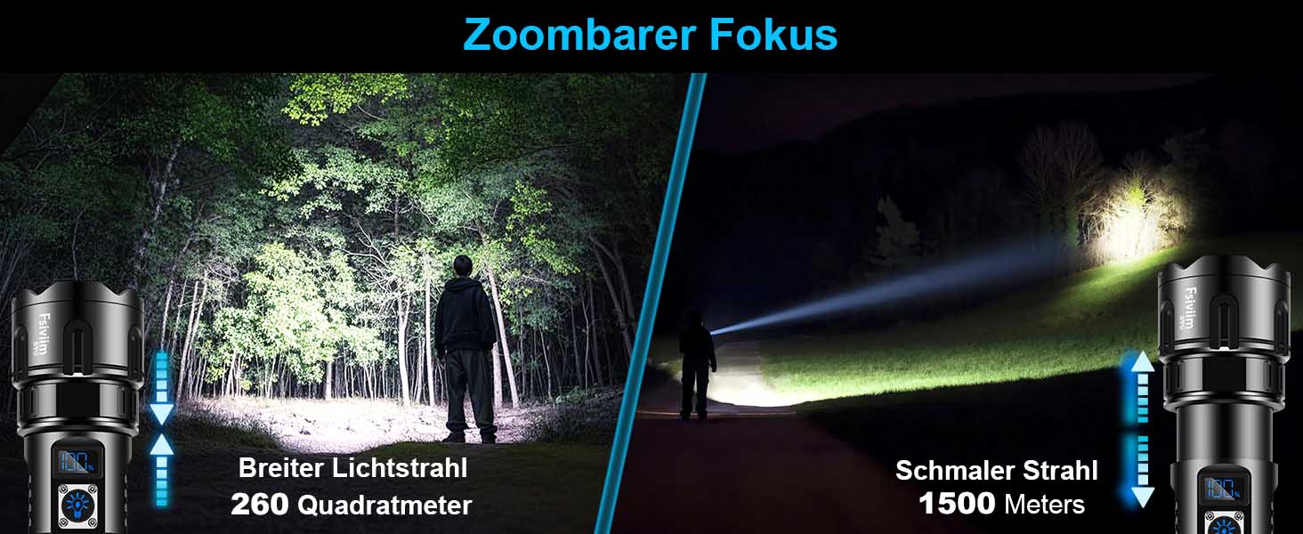 LED ліхтар на батареї, 500 000 люмен, тактичний, з регулюванням фокусу, для кемпінгу, матовий чорний