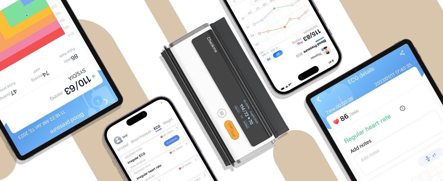 Тонометр на плече CheckMe Armfit Plus Bluetooth з ЕКГ, аналіз ЕКГ-звіту, вимірювання тиску за 30 секунд, частоти серця, підтримка кількох користувачів, сумісний з Android/iOS BP2