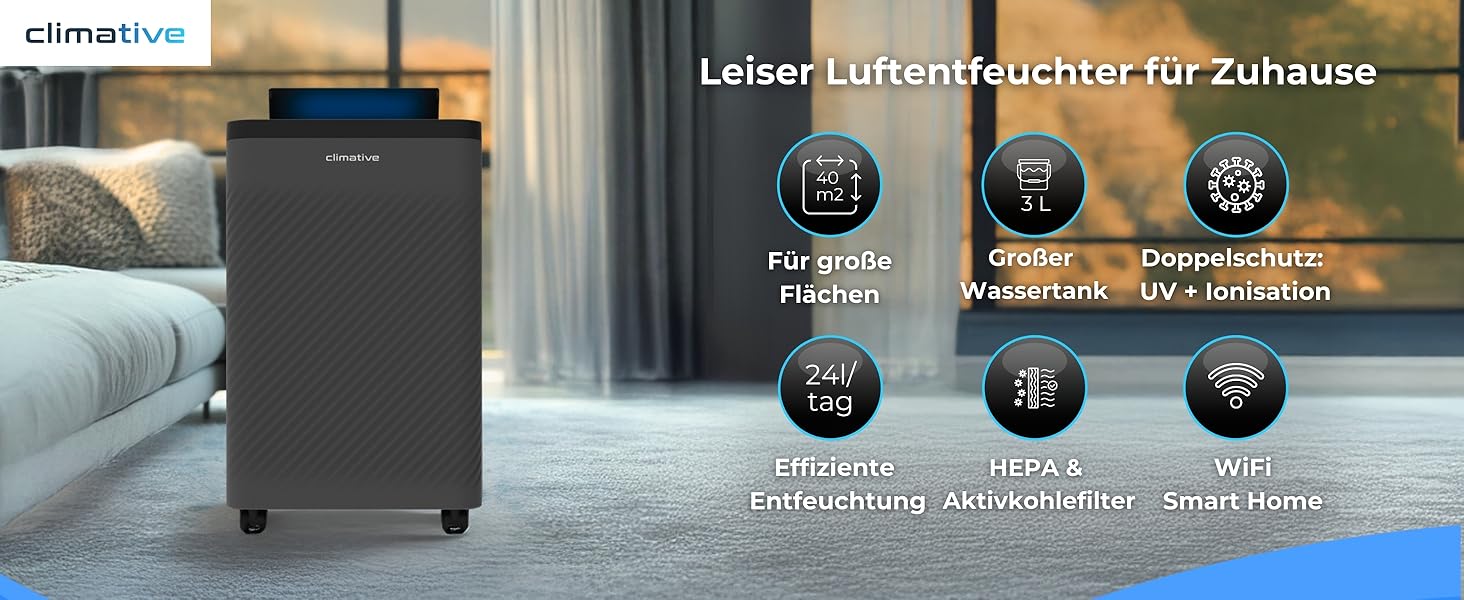 Електричний осушувач повітря Climative ION 12L/24h з Wi-Fi та очищувачем повітря для дому, квартири, ванної кімнати. Осушувач повітря для захисту від вологи та плісняви до 20м² (Nexi 24)