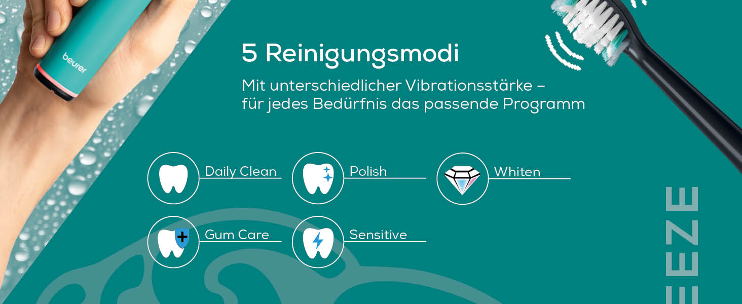 Електрична зубна щітка Beurer SC 50 з 5 режимами чищення та датчиком тиску, 80 000 коливань, дисплей, 2 насадки (Ocean Breeze)