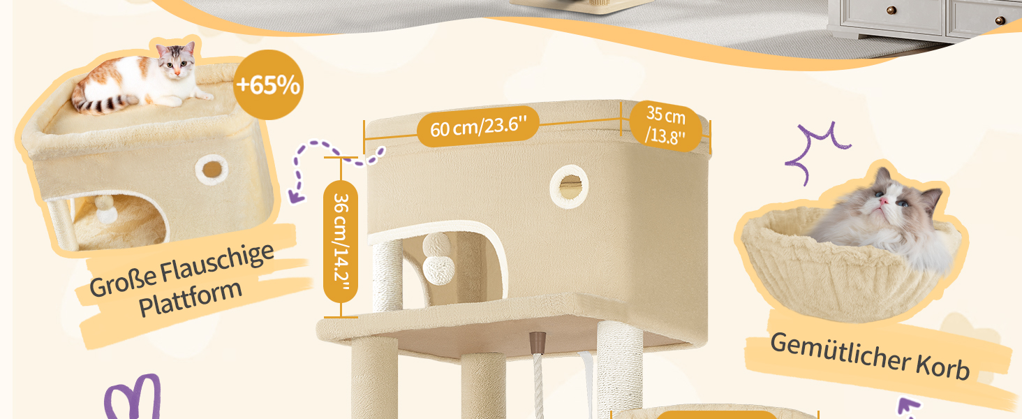 Драбина-кіготь для котів Hzuaneri, 203 см, з великою платформою, 2 печери, 7 кігтеточок, помпони, лежанки, гамак, для всіх порід котів, бежевий MS20318YL XXL (60 x 50 x 203 см)
