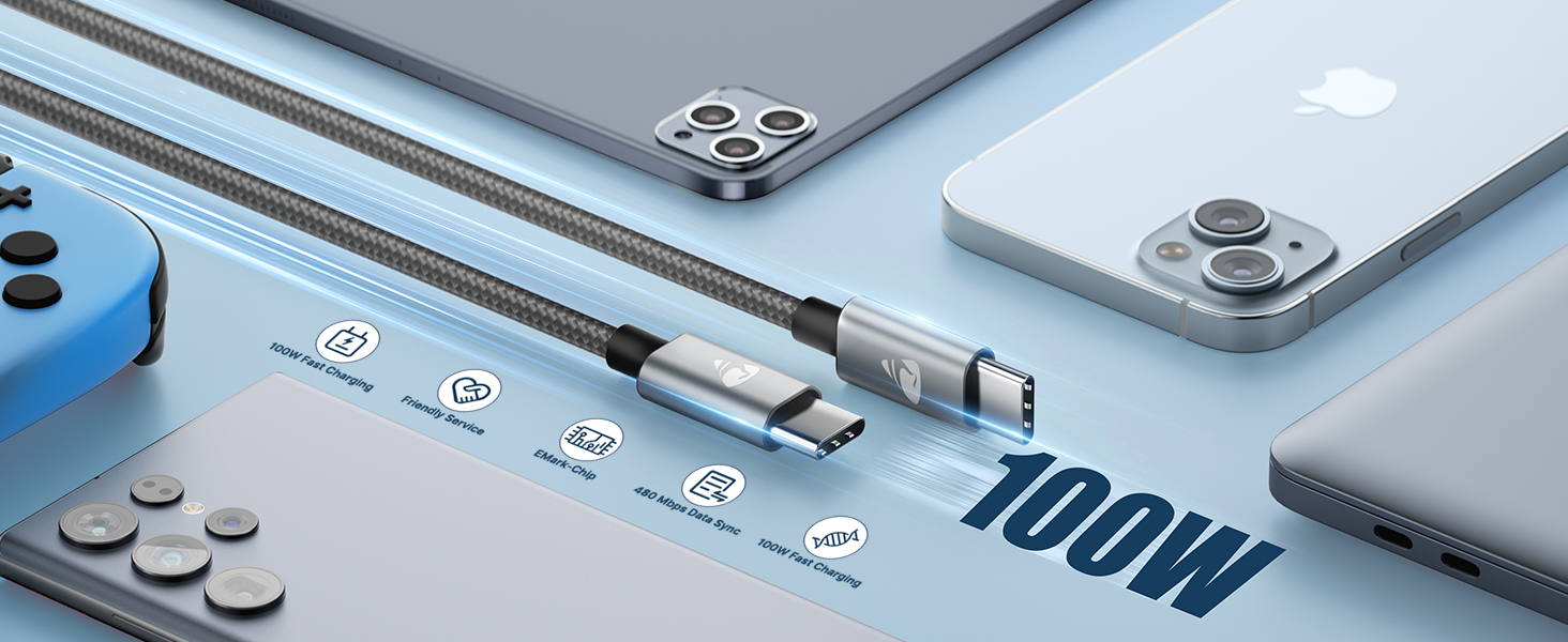 Кабель USB-C на USB-C [2 шт.] 100W, 2 метри, сірий. Підтримка PD, швидка зарядка. Сумісний з iPhone, Samsung, iPad, MacBook, Pixel, Switch