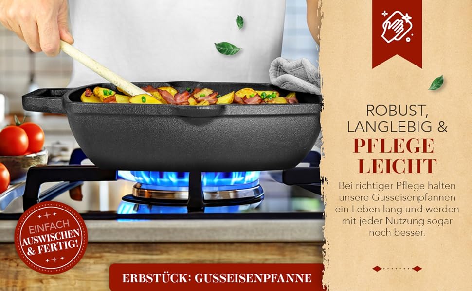 Чавунна гриль-сковорода Krustenzauber 26 см з подвійним руків'ям для індукційних плит. Рифлена сковорода для смаження