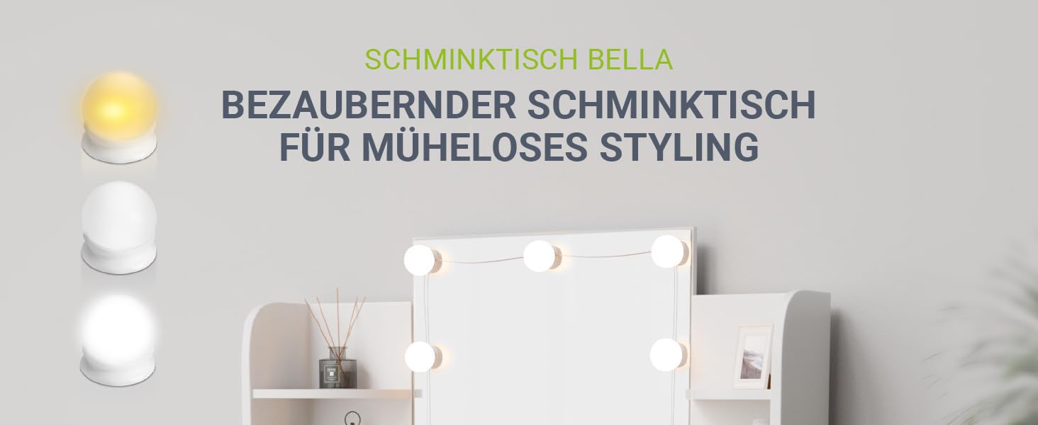 Косметичний стіл Juskys Bella з LED підсвічуванням, дзеркалом, шухлядою та 4 полицями, 108x40x140 см, білий, дерев'яний туалетний столик