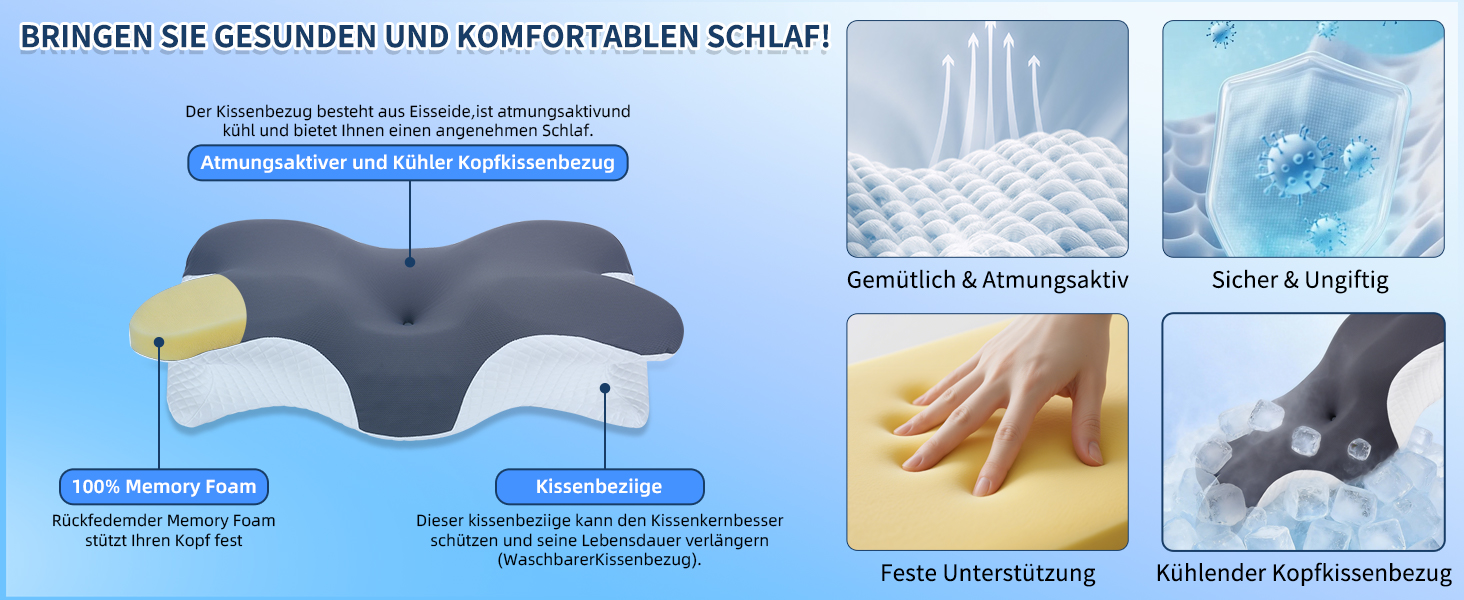 Подушка для шиї та голови з 3D підтримкою, Memory Foam, ергономічна для сну на боці, спині та животі (сіра, 60x33x10/17см)