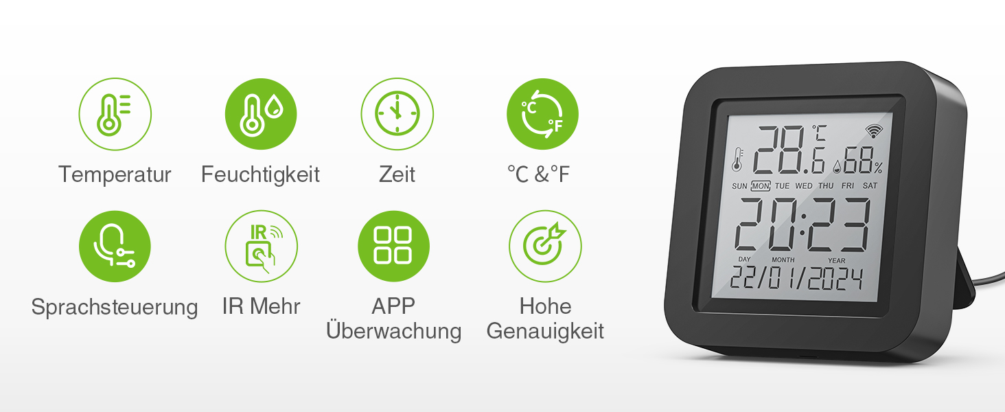 Розумний Wi-Fi термометр-гігрометр GHome Smart з інфрачервоною дистанційною підтримкою, цифровий вимірювач температури та вологості з мобільним додатком, сумісний з Alexa і Google Assistant
